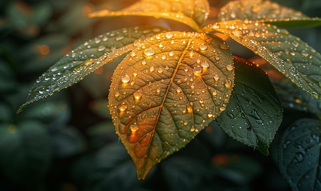 una foglia con gocce d'acqua su di essa e il sole che splende su di essa