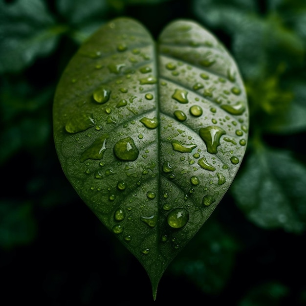 Una foglia con gocce d'acqua su di essa è ricoperta di gocce di pioggia.