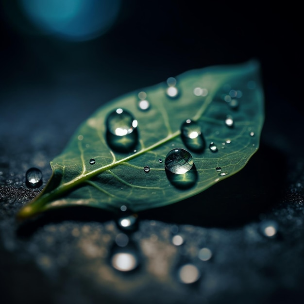 Una foglia con gocce d'acqua su di essa si trova su una superficie scura.