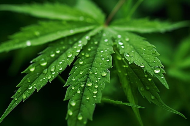 una foglia con gocce d'acqua su di essa