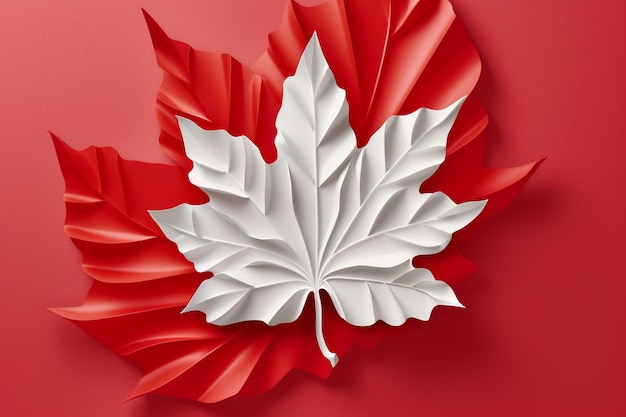 Una foglia d'acero canadese rossa e bianca con uno sfondo rosso.