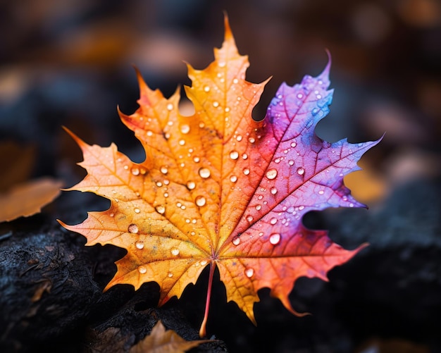 una foglia d'acero colorata con gocce d'acqua su di essa