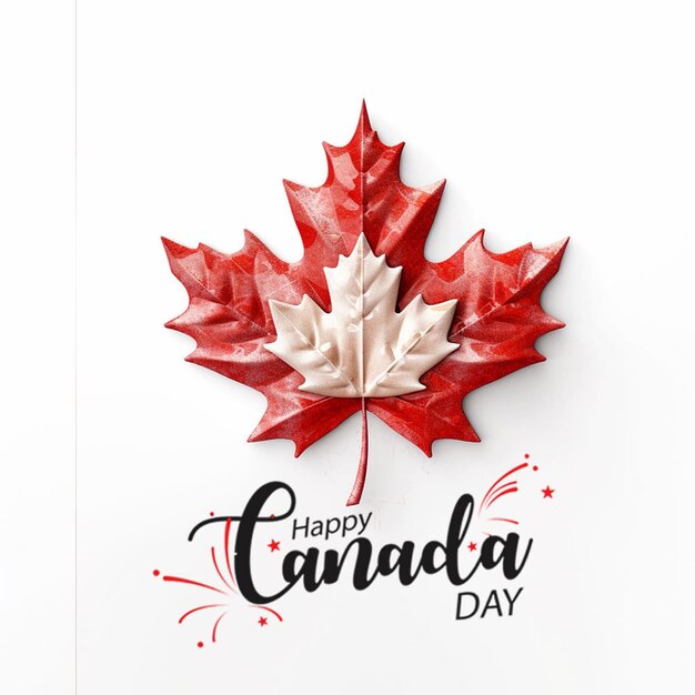 Una foglia d'acero rossa con sopra la scritta happy canada day.