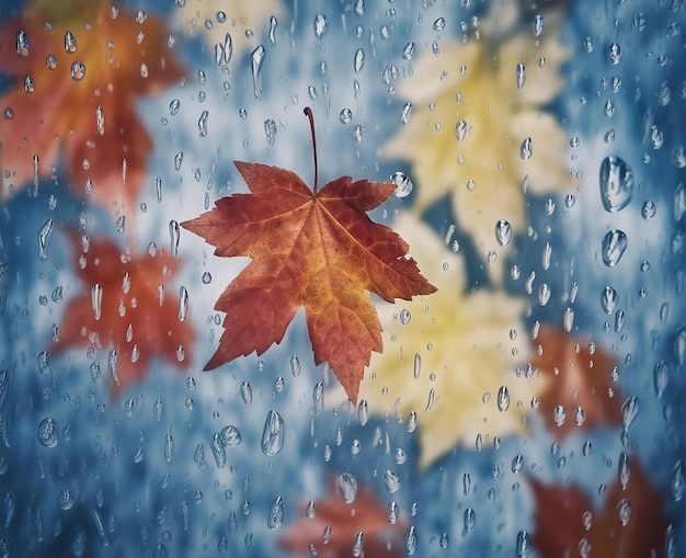 Una foglia d'acero rosso è in un giorno di pioggia Sfondo autunno piovoso