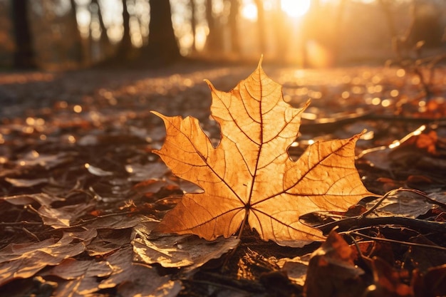 una foglia di acero gialla giace a terra alla luce del sole.