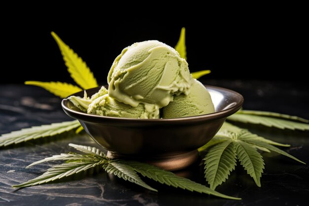 Una foglia di cannabis sopra una ciotola di gelato infuso di cannabis