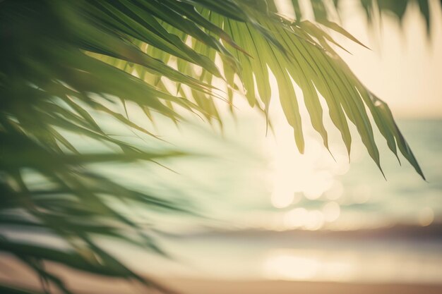 Una foglia di palma è incorniciata da una scena di spiaggia.