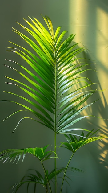 Una foglia di palma sta creando un'ombra su una parete verde