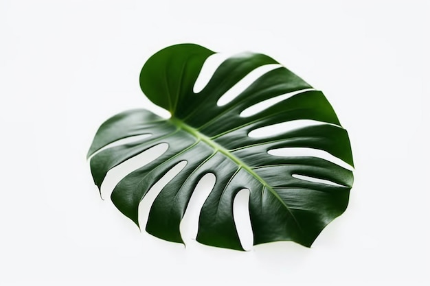 Una foglia di una pianta di monstera su uno sfondo bianco