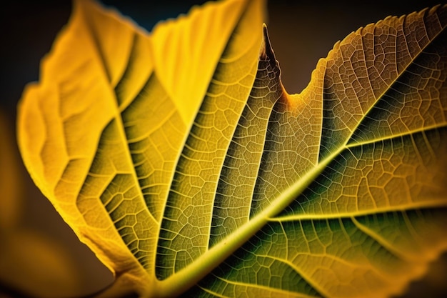 Una foglia gialla catturata in un colpo di macro del vibrante fogliame autunnale Primo piano di una texture foglia gialla dorata Fotografia macroscopica