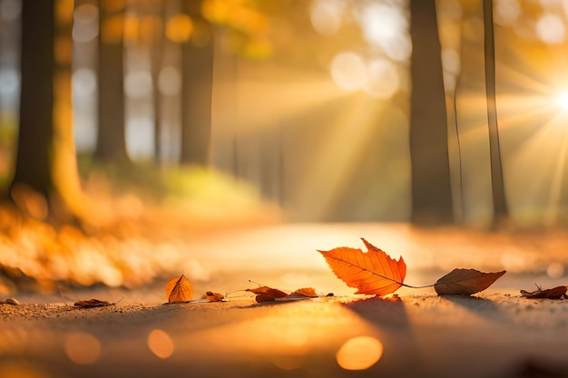 Una foglia per terra nel bosco con il sole che splende su di essa