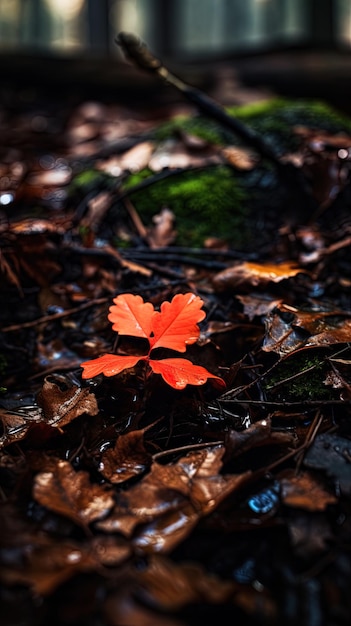 una foglia rossa è a terra nella foresta