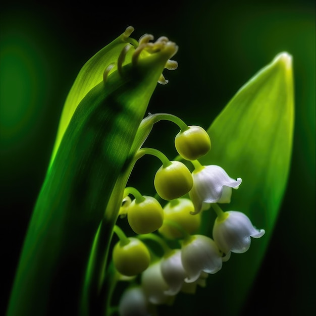 Una foglia verde con fiori bianchi e foglie verdi che dicono mughetto.