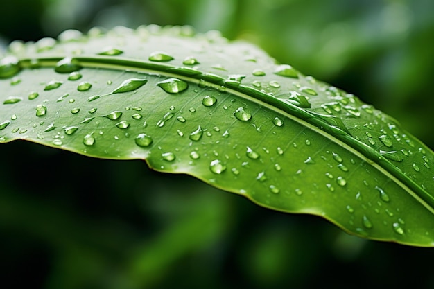 Una foglia verde con gocce d'acqua su di essa è coperta da gocce di pioggia