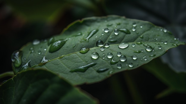 Una foglia verde con gocce d'acqua su di essa Gocce d'acqua su una foglia dopo la pioggia