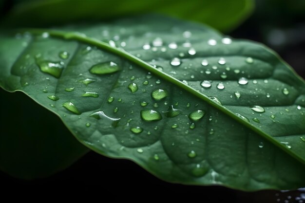 Una foglia verde con gocce d'acqua su di essa