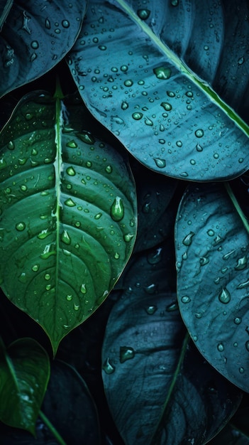 Una foglia verde con gocce d'acqua su di essa