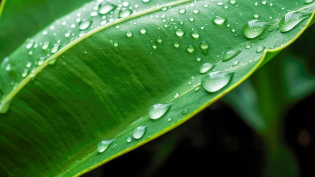 Una foglia verde con gocce d'acqua su di essa