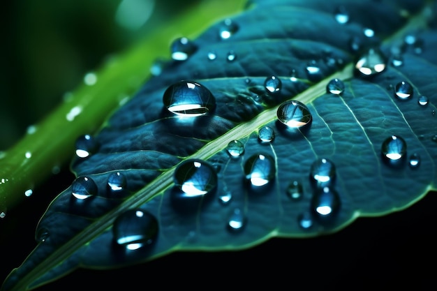 Una foglia verde con gocce d'acqua su di essa