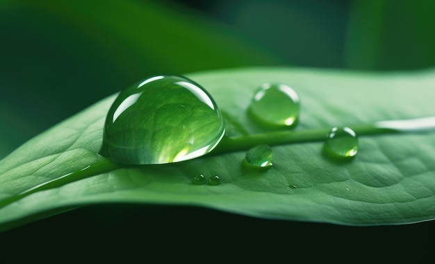 Una foglia verde con gocce d'acqua su di essa