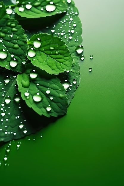 Una foglia verde con gocce d'acqua su di essa