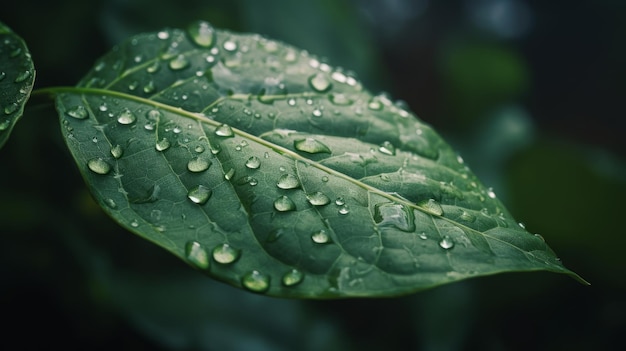 Una foglia verde con gocce d'acqua su di essa