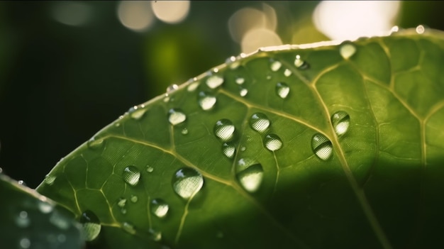 Una foglia verde con gocce d'acqua su di essa