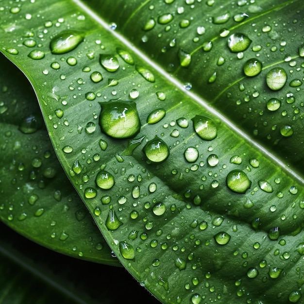 Una foglia verde con gocce d'acqua su di essa