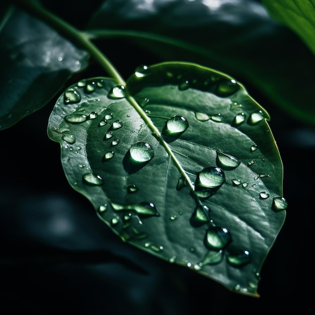 Una foglia verde con gocce d'acqua su di essa