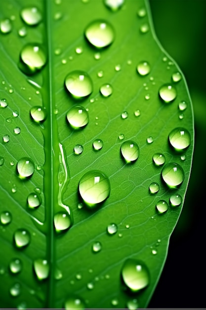 una foglia verde con gocce d'acqua su di essa