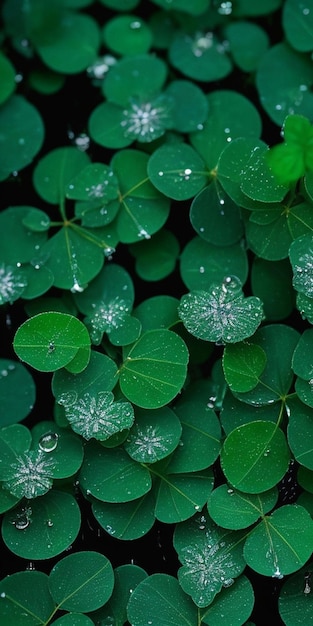 Una foglia verde di trifoglio con sopra le gocce di pioggia