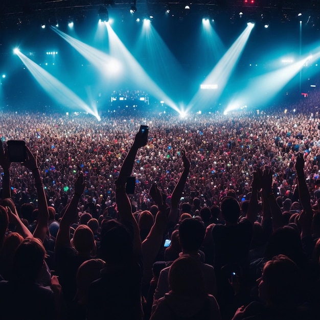 Una folla a un concerto o a una festa con le mani e gli smartphone in alto