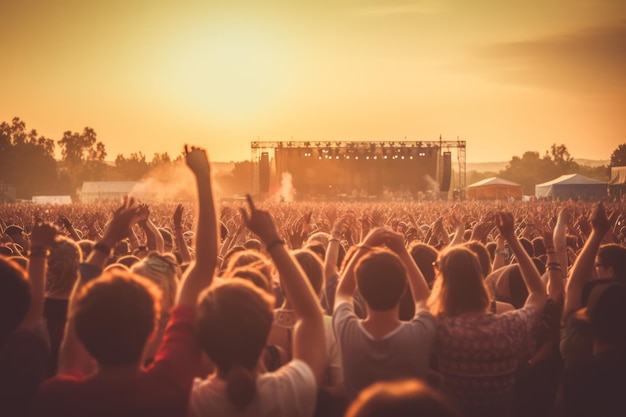 Una folla a un festival musicale con il sole che tramonta dietro di loro