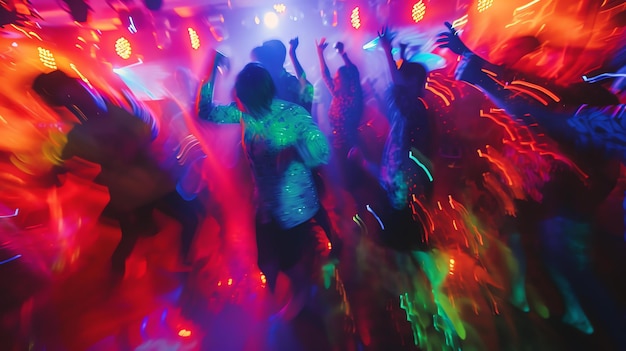 Una folla colorata di persone che ballano a una festa