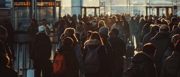 Una folla di pendolari bagnata dalla luce dorata dell'alba in un vivace centro di trasporto