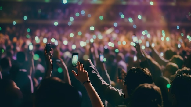 Una folla di persone a un concerto con i telefoni in aria