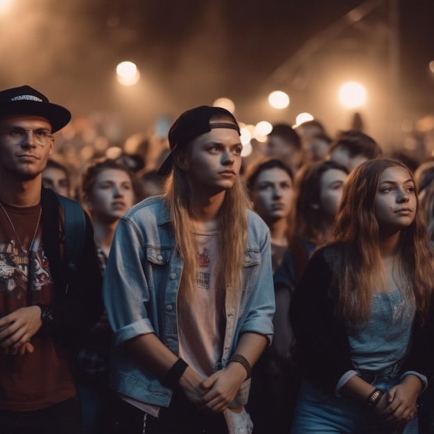 Una folla di persone a un concerto con la parola musica sul davanti.