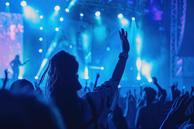 Una folla di persone a un concerto con le mani in alto