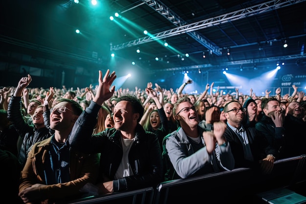 Una folla di persone a un concerto con le mani in alto.