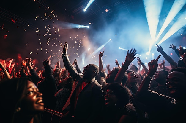 Una folla di persone a un concerto con le mani in alto.