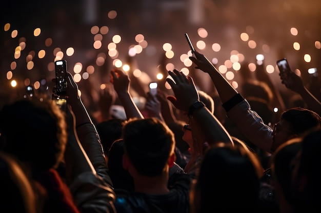 Una folla di persone ad un concerto o a una festa tenendo per mano gli smartphone generativi ai