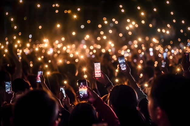 Una folla di persone ad un concerto o a una festa tenendo per mano gli smartphone generativi ai