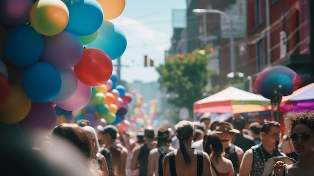 Una folla di persone cammina lungo una strada con palloncini colorati sullo sfondo.
