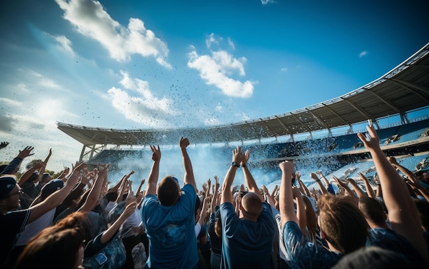 Una folla di persone che alza la mano in uno stadio AI