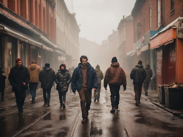 Una folla di persone che cammina in un giorno di inverno nebbioso