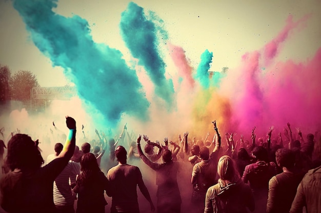 Una folla di persone che celebrano holi davanti a una grande folla