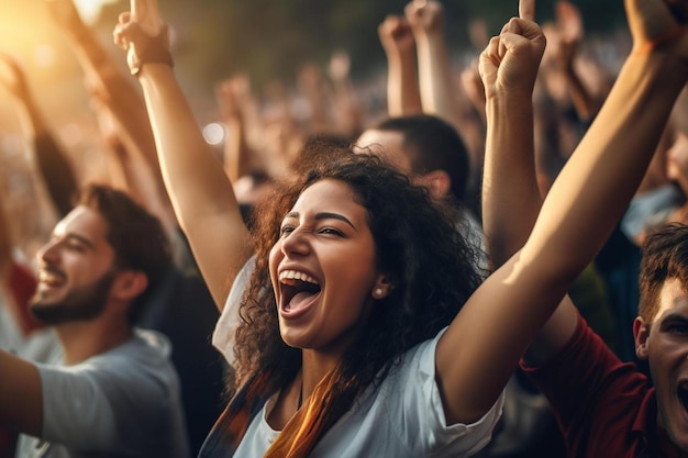 una folla di persone che esultavano con le braccia alzate davanti a un folto pubblico.