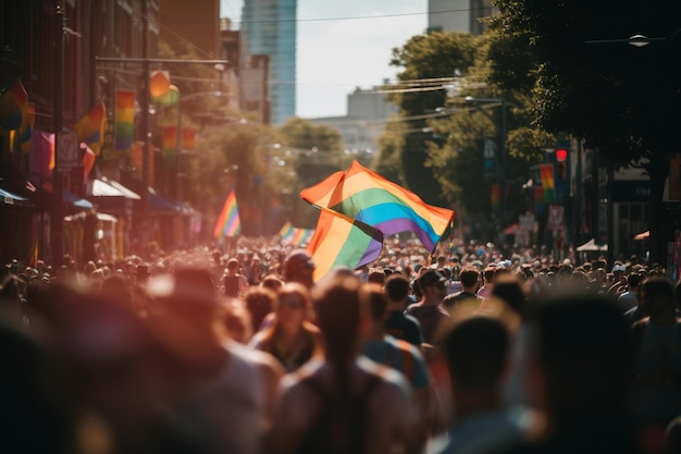 Una folla di persone con bandiere arcobaleno sullo sfondo