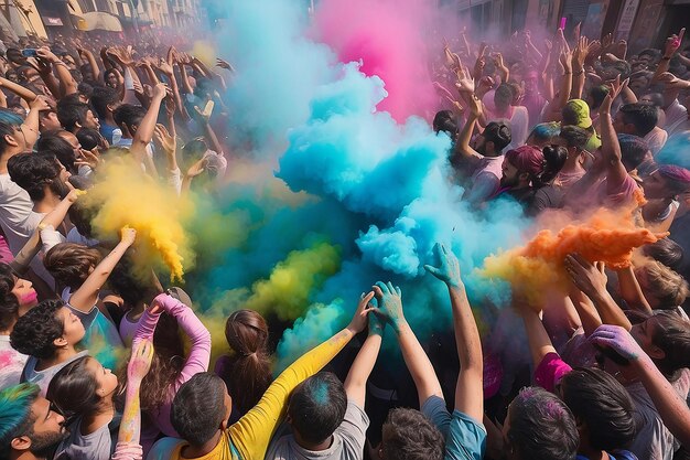 Una folla di persone con la polvere colorata nelle mani