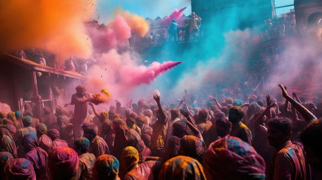 una folla di persone con tinte colorate e la parola "pace" sopra.